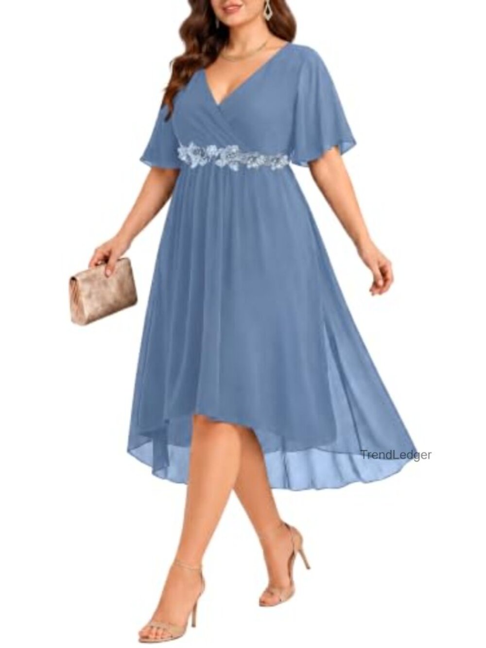 Plus Size Chiffon Formal Dress - V Neck High Low Midi A-Line